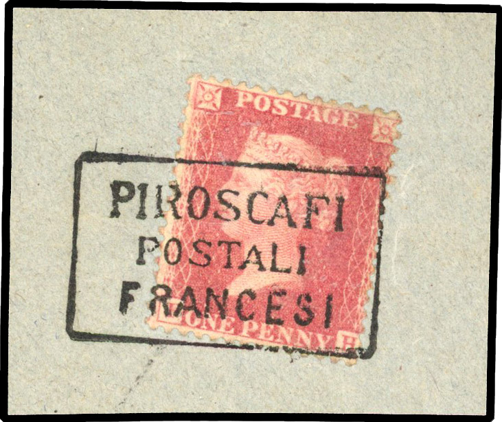 1857 1d Rose-red Pl.52 piece “PIROSCAFI POSTALI FRANCESI” (French Postal Steamers)