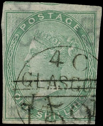 1856 1s Pale green Pl.1. (Wmk Emblems). Used imperforate example