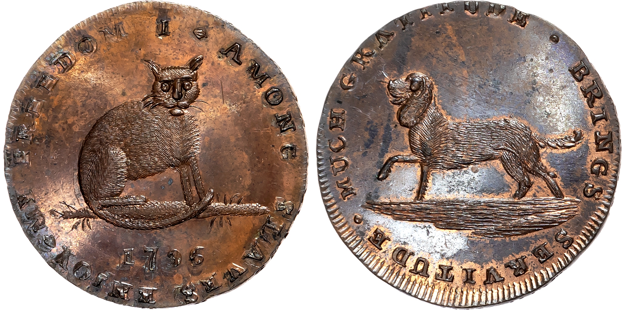 London , Holborn, Thomas Spence Halfpenny 1796, A Spaniel dog walking left, rev. A cat seated, edge SPENCE DEALER x IN x …