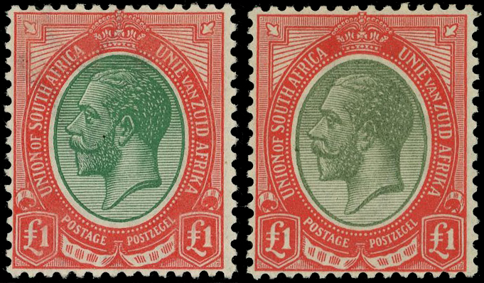 SOUTH AFRICA: 1916 £1 green and red and 1924 £1 pale olive-green and red, large part o.g. (2) SG 17,17a