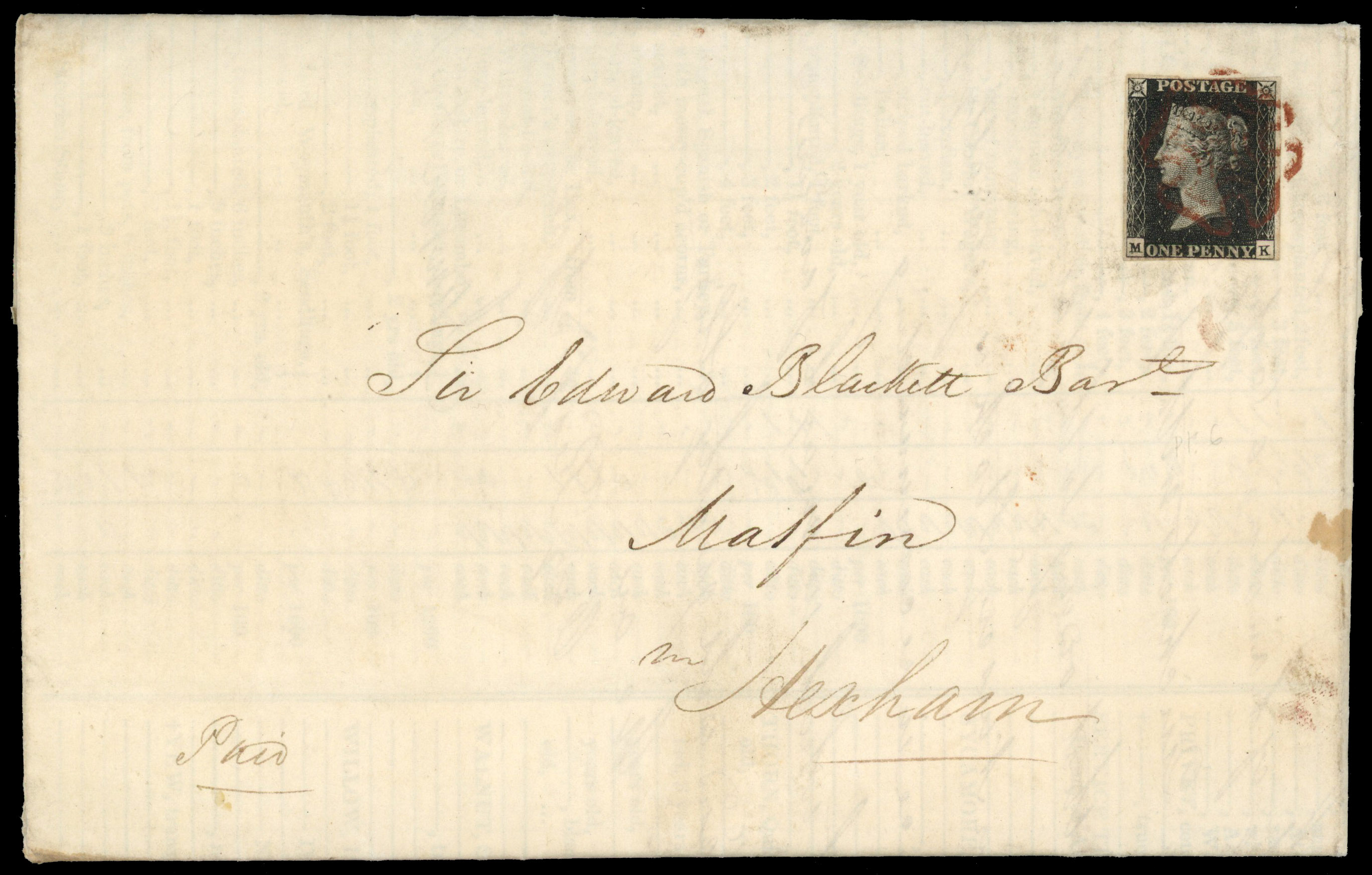 1840 1d Black Pl.6. pre-printed price list entire for trees