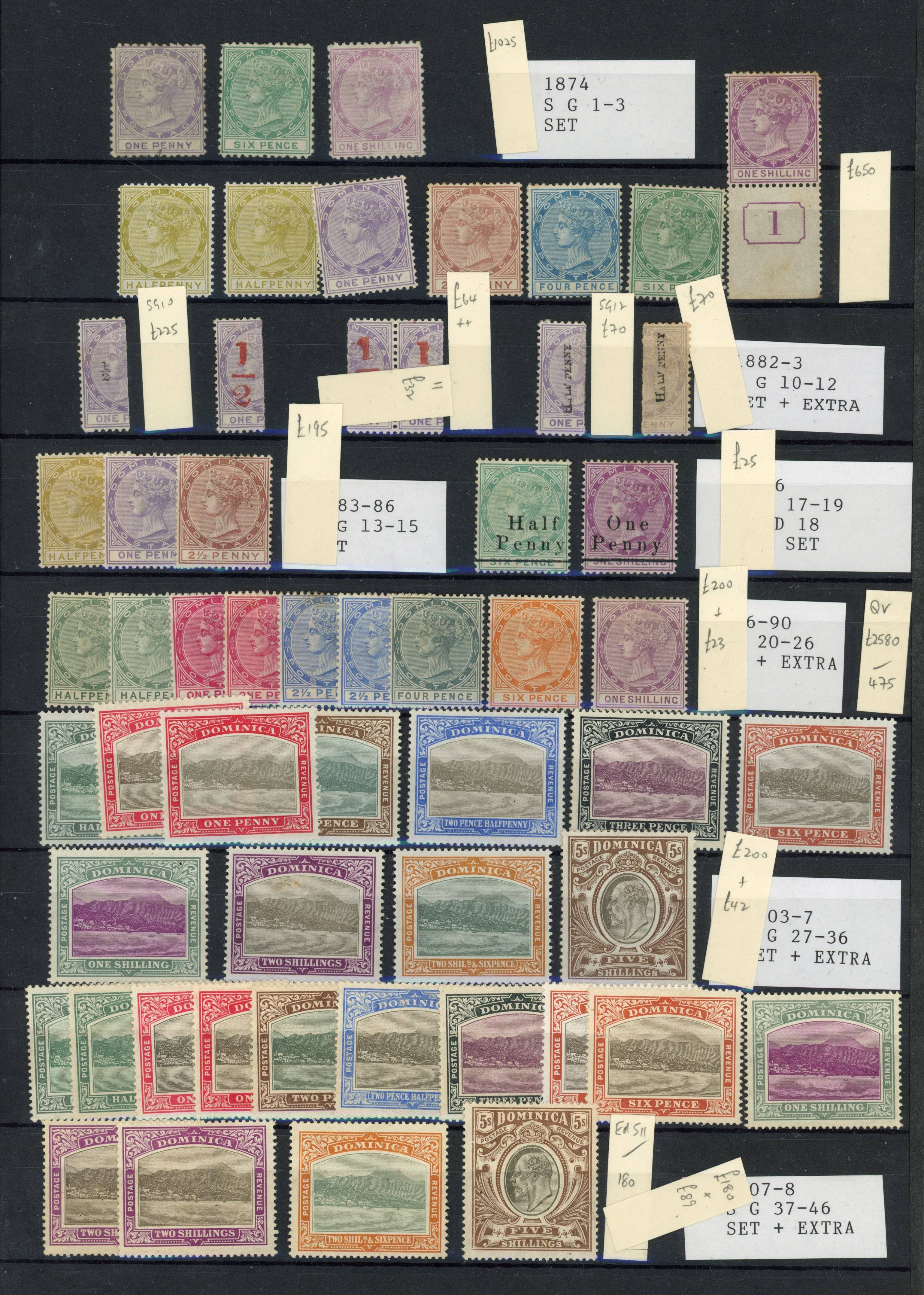 DOMINICA: Mint including 1874 to 1s, 1877 to 1s (bottom marginal, plate ‘1’), 1882 ½(d) on 1d half, ½(d) in red on 1d half,