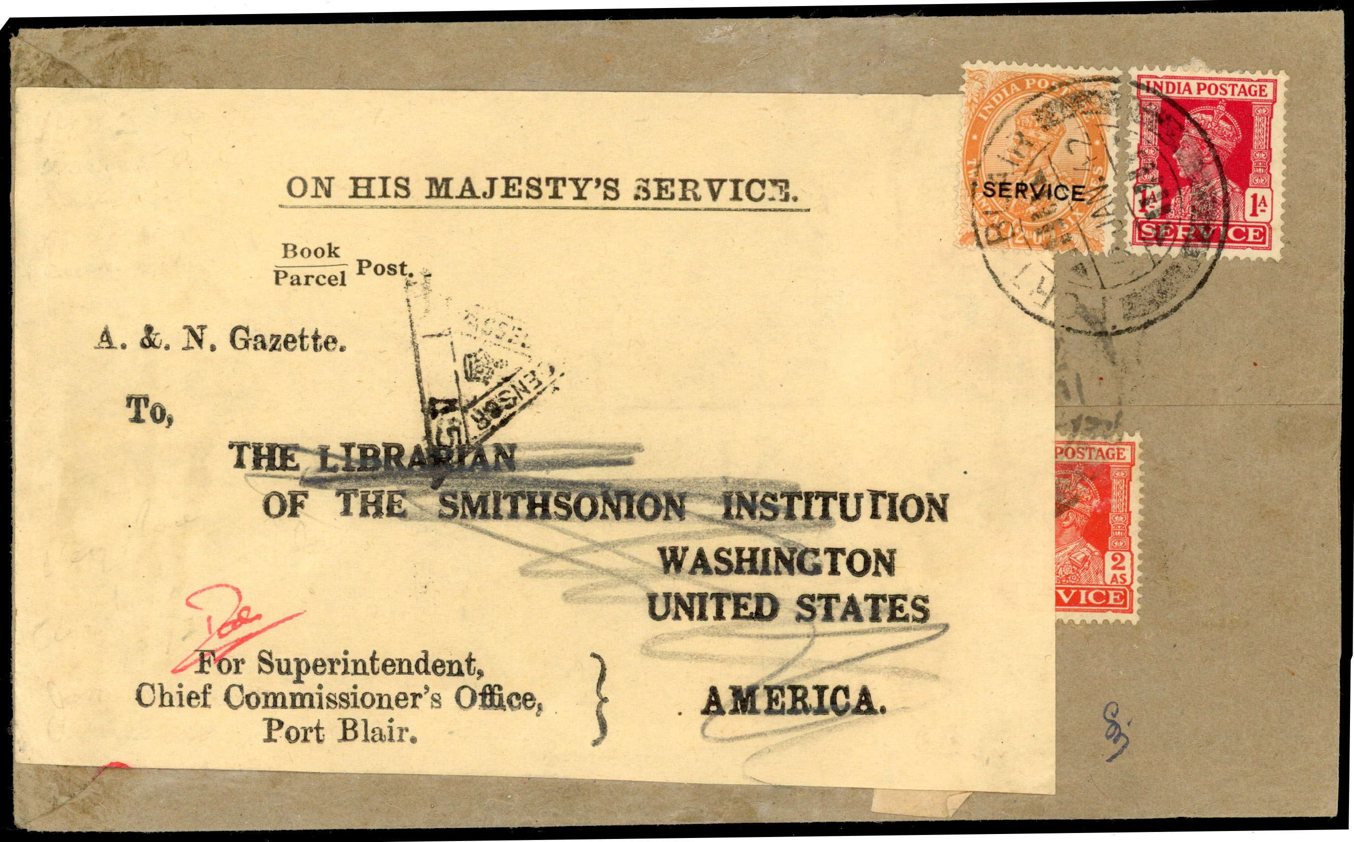 Port Blair book post cover to USA