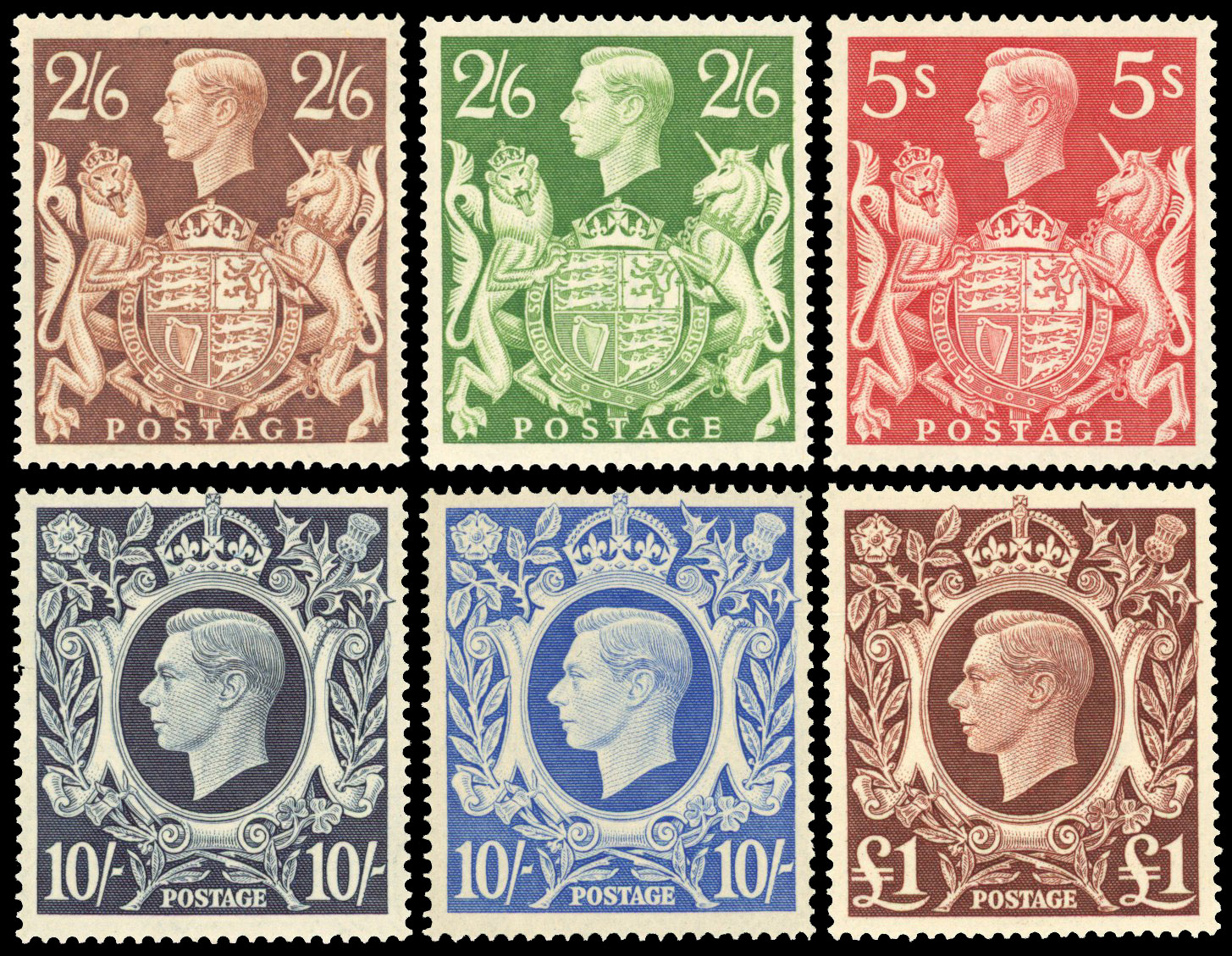 GREAT BRITAIN 1939-48 2s6d to £1 set of six mint, unmounted og. Fine SG 476/78b