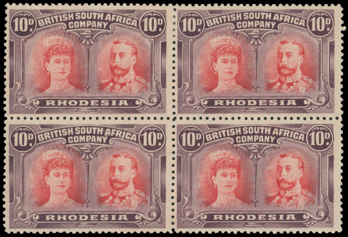 10d scarlet and reddish mauve block of four SG149, positions 33-9 mint