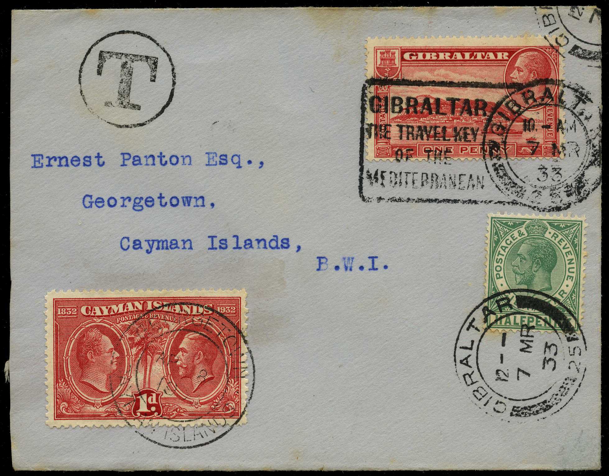1933 'Panton' cover with ½d green and 1d...