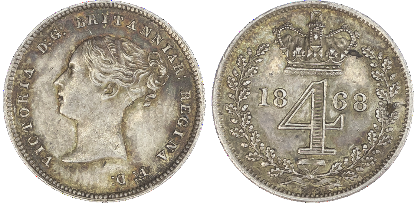 Victoria (1837-1901), Maundy set, 1868, Four, Three, Two and One Pence, young head left, legend and toothed border