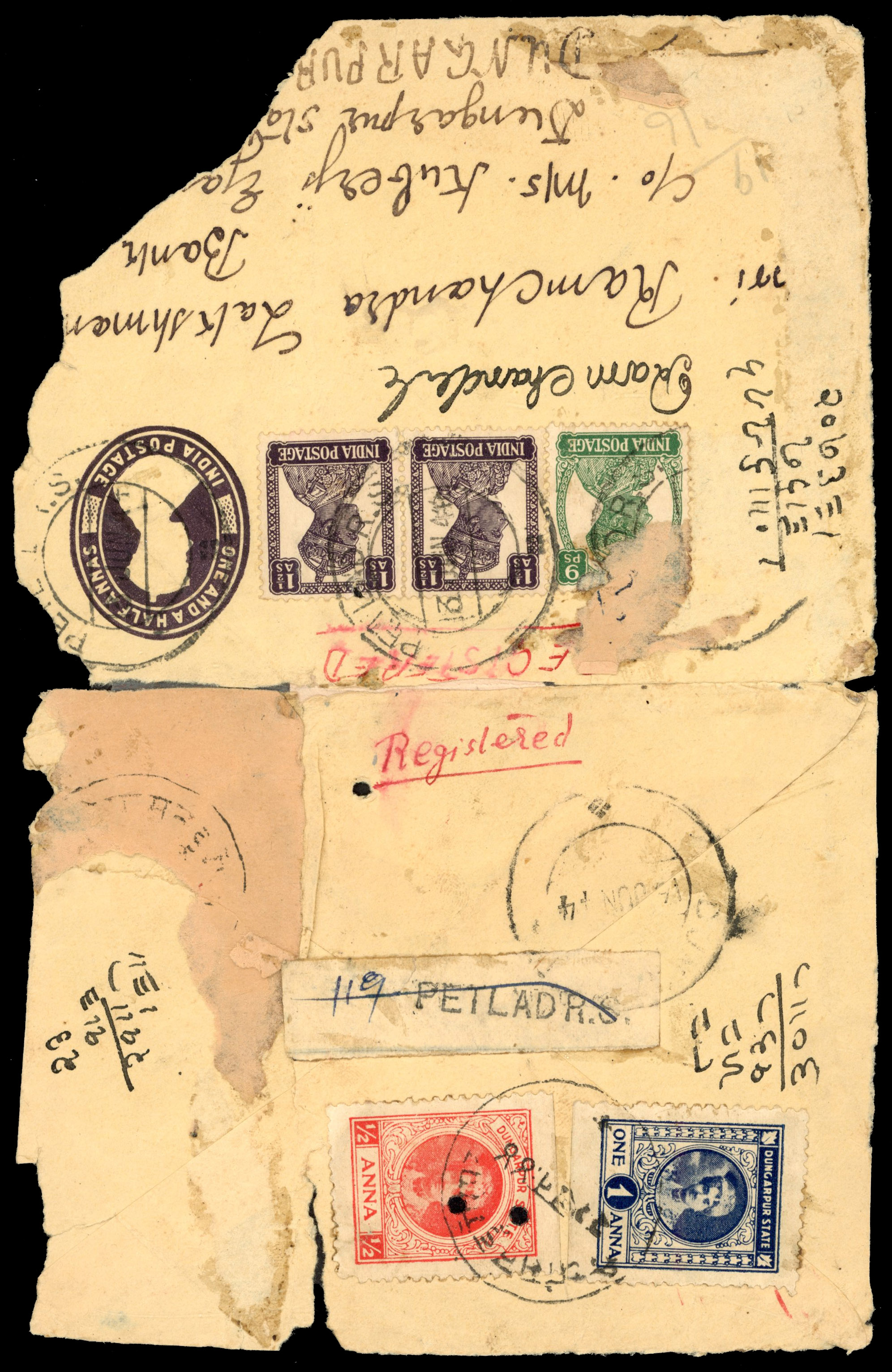 I.F.S Dungarpur re-used KGVI cover bearing 10b and 11b 