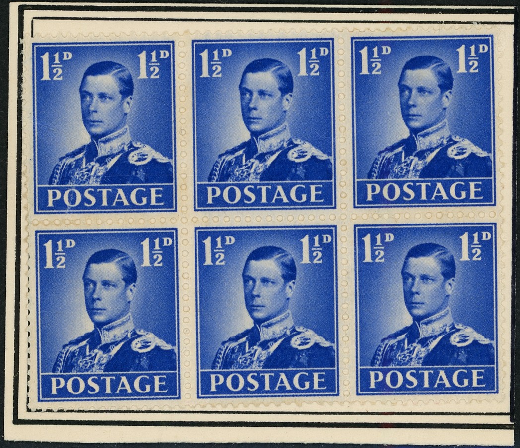 1936 KEVIII Accession Issue Essay 1½d block of six in blue.