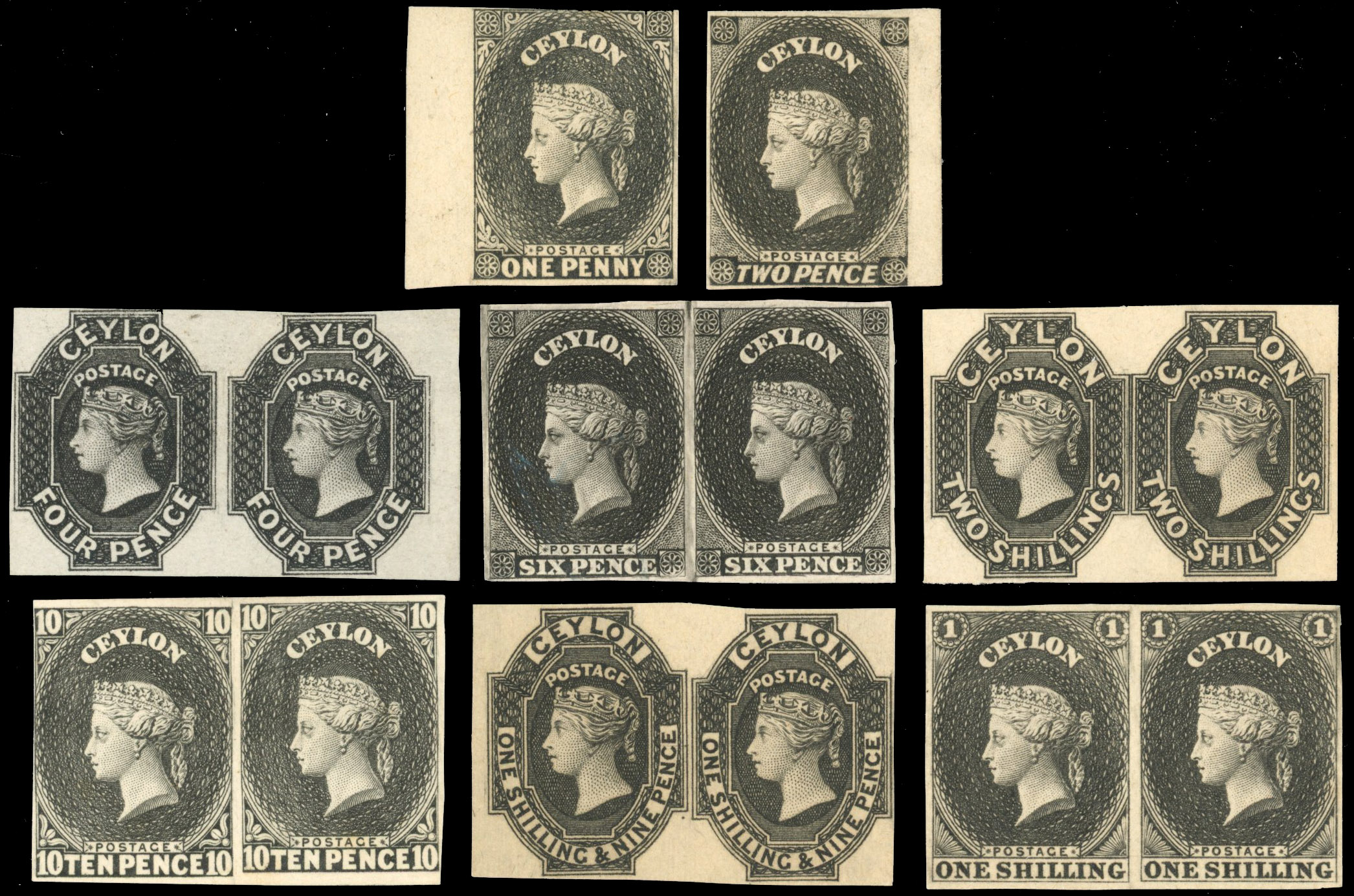 Ceylon SG 1, 2/4, 9/12 1857-59 imperf plate proofs to 2s