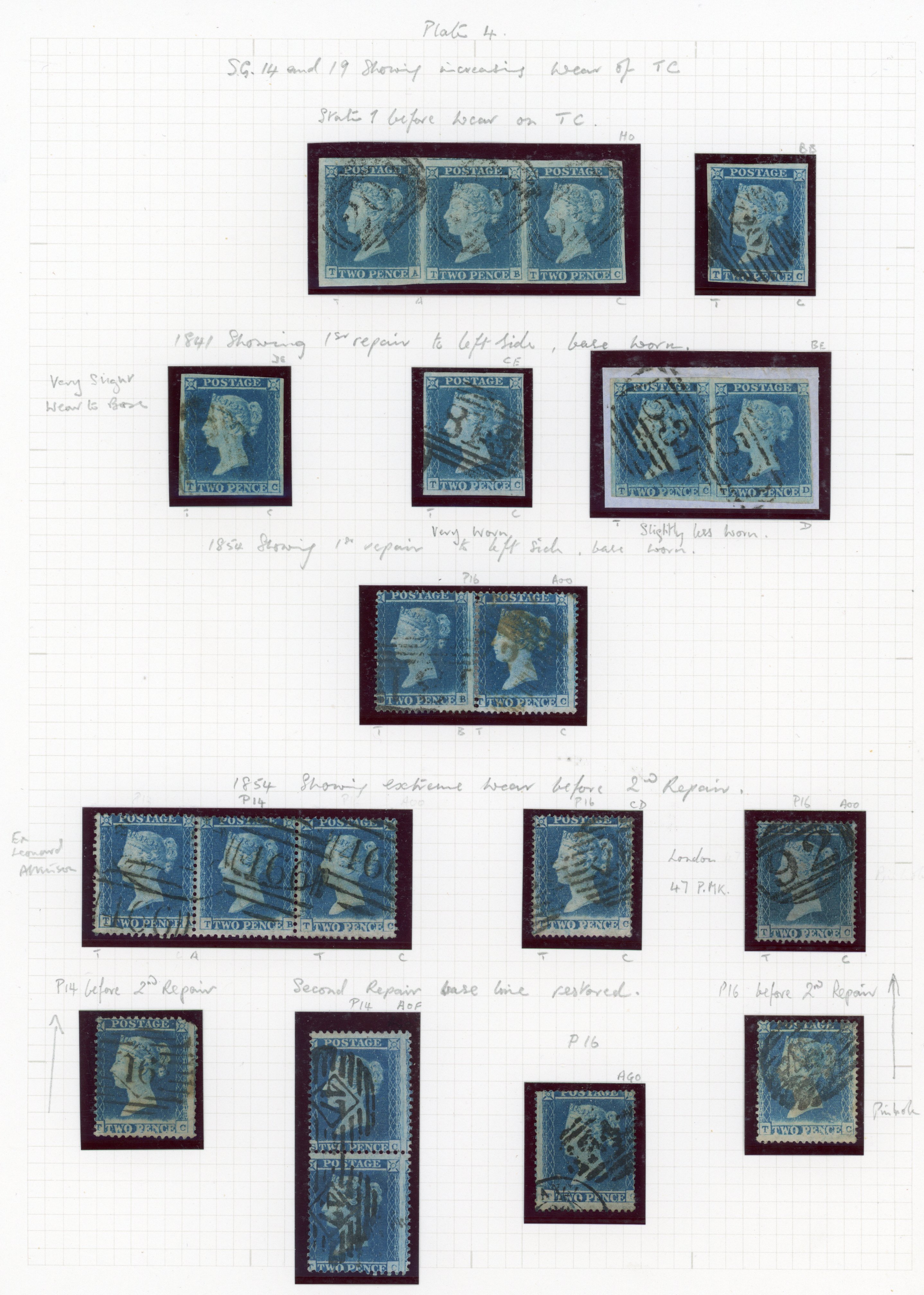 1841-55 2d Blue Pl.4. Study of TC worn plate & repaurs