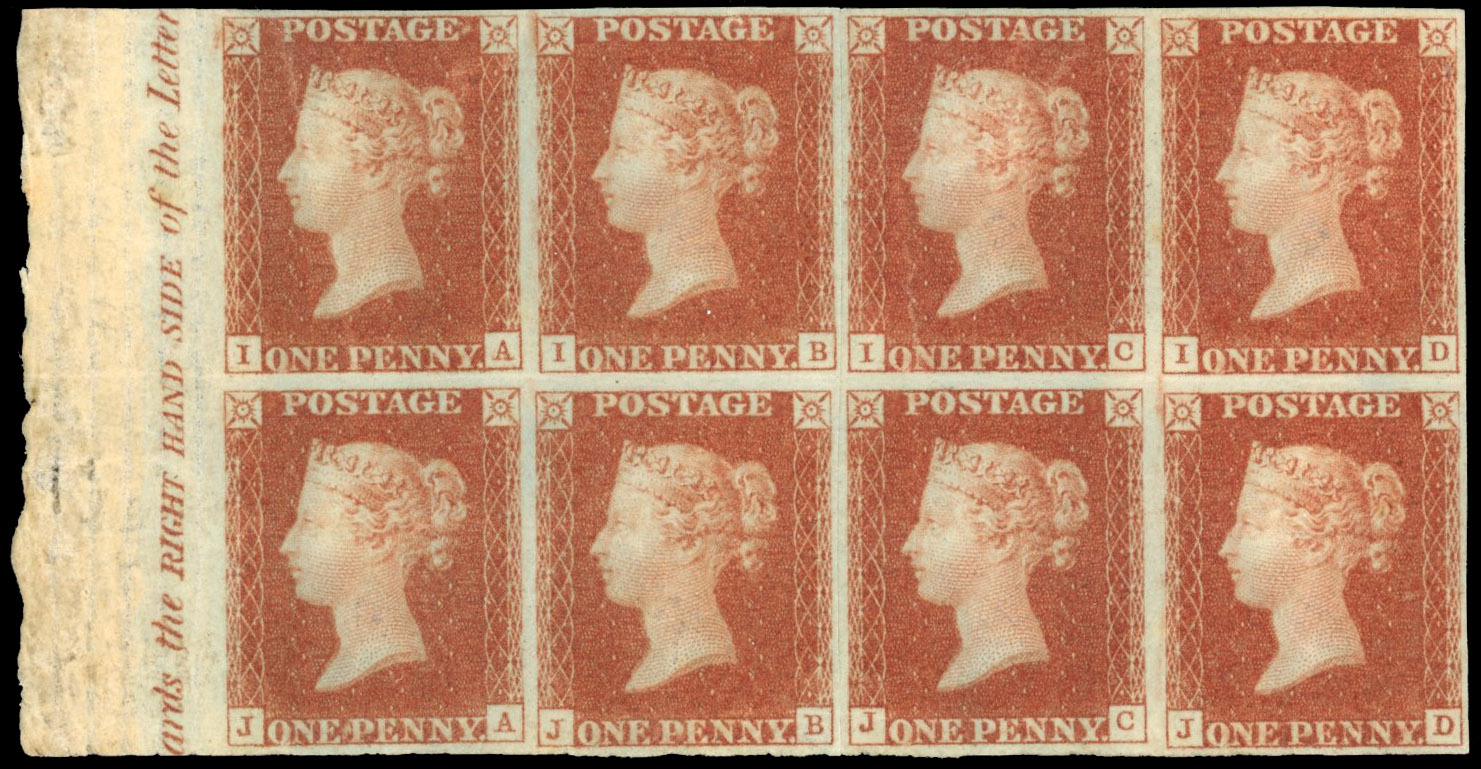 Great Britain 1841 1d red brown Pl.9 two re-joined blocks of 4 SG 7