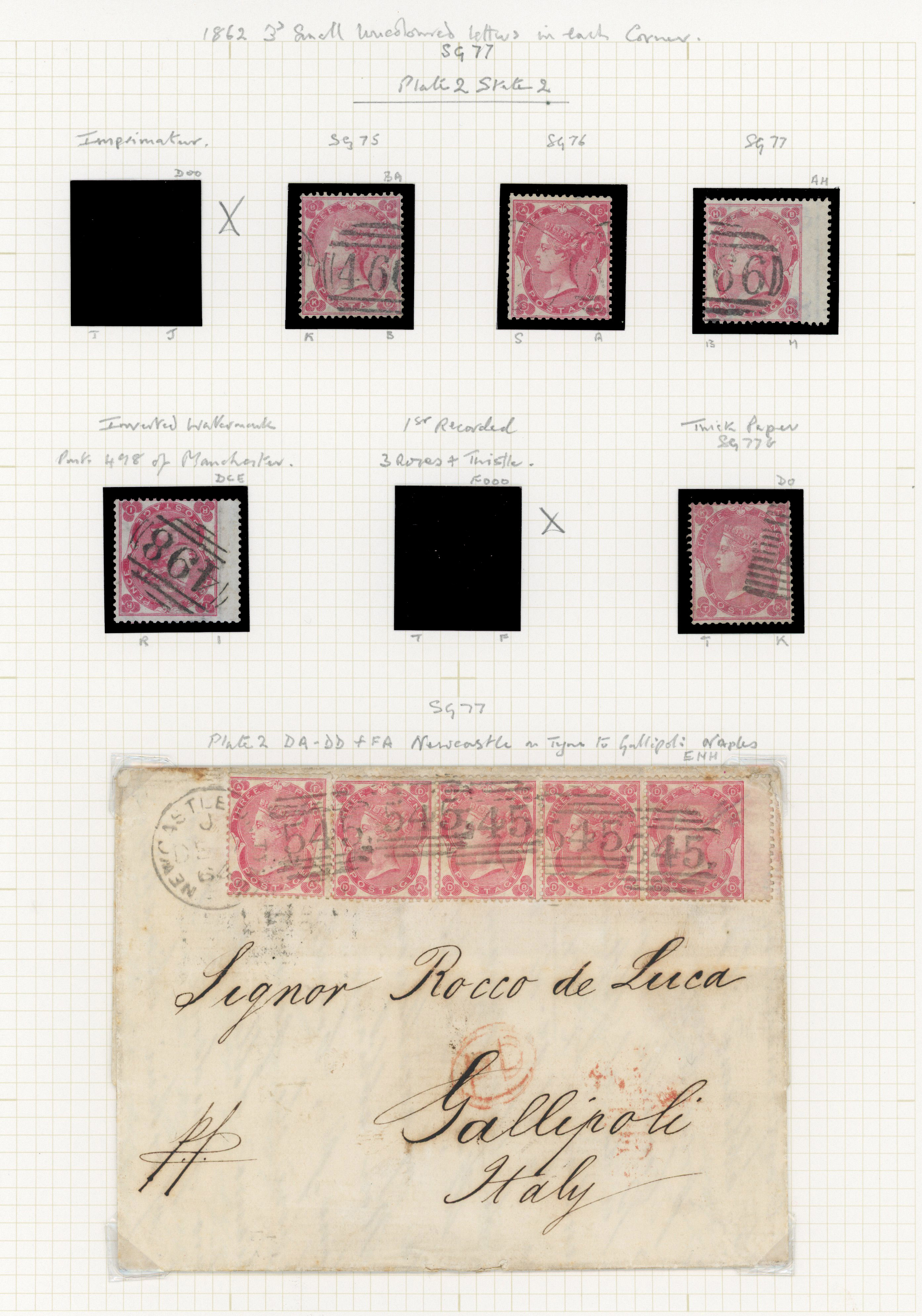 1862 3d Rose Pl.2 (SG75-77, Wmk. Emblems). A fine group of five plus cover