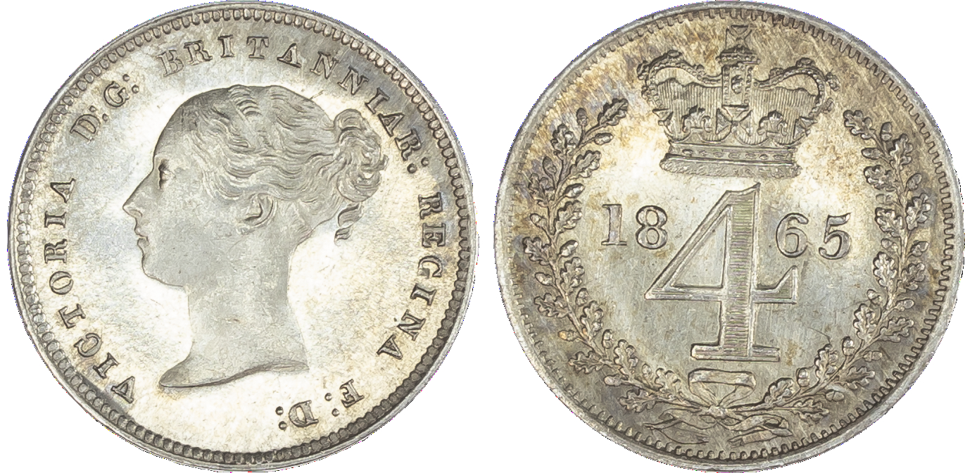 Victoria (1837-1901), Maundy set, 1865, Four, Three, Two and One Pence, young head left, legend and toothed border