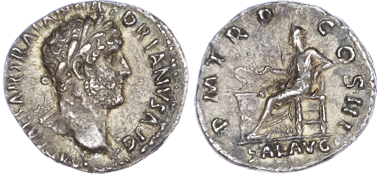 Hadrian (AD 117-138) AR Denarius, Rome, 2.79g.