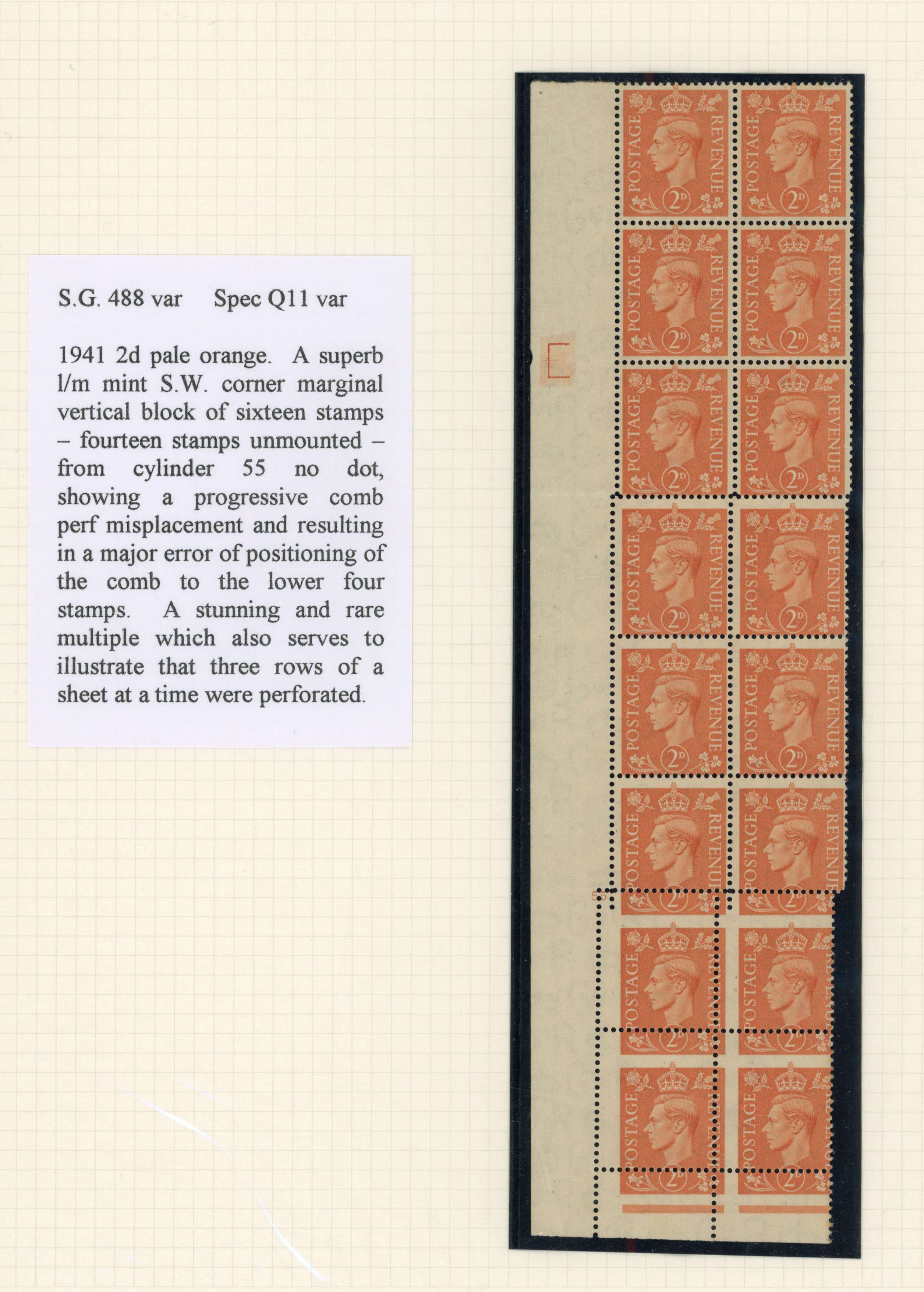 1941 2d Pale orange perf comb variety block mint (SG488var)