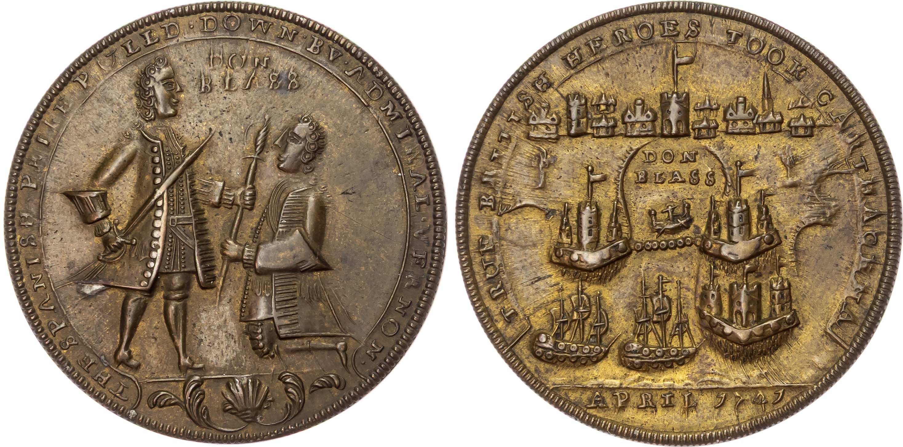 Raid on Carthagenia 1741 by Admiral Vernon, Cast brass medal (1741), unknown maker.