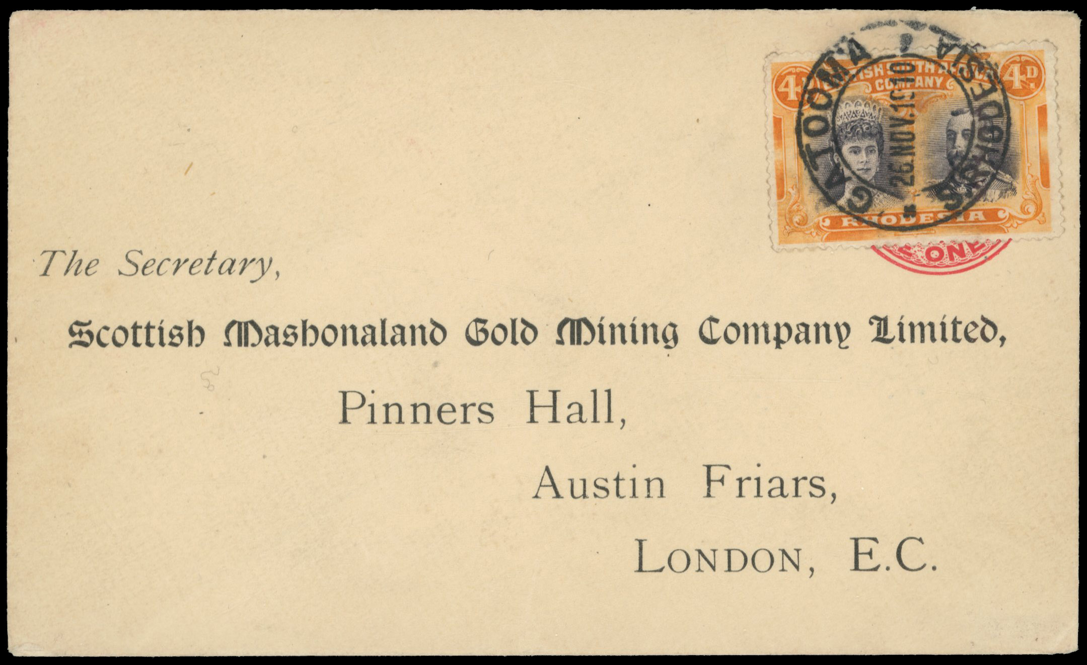 4d sepia-black and orange on postal stationery envelope to London, Gatooma DC