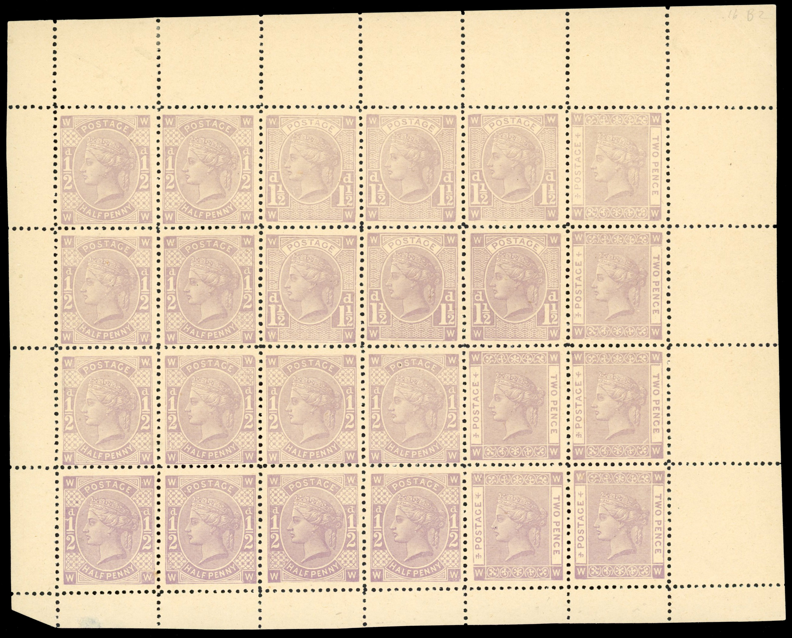GB 1880 ½d, 1½d, & 2d Tender Essays, Perkins, Bacon perforated se-tenant sheetlet of 24