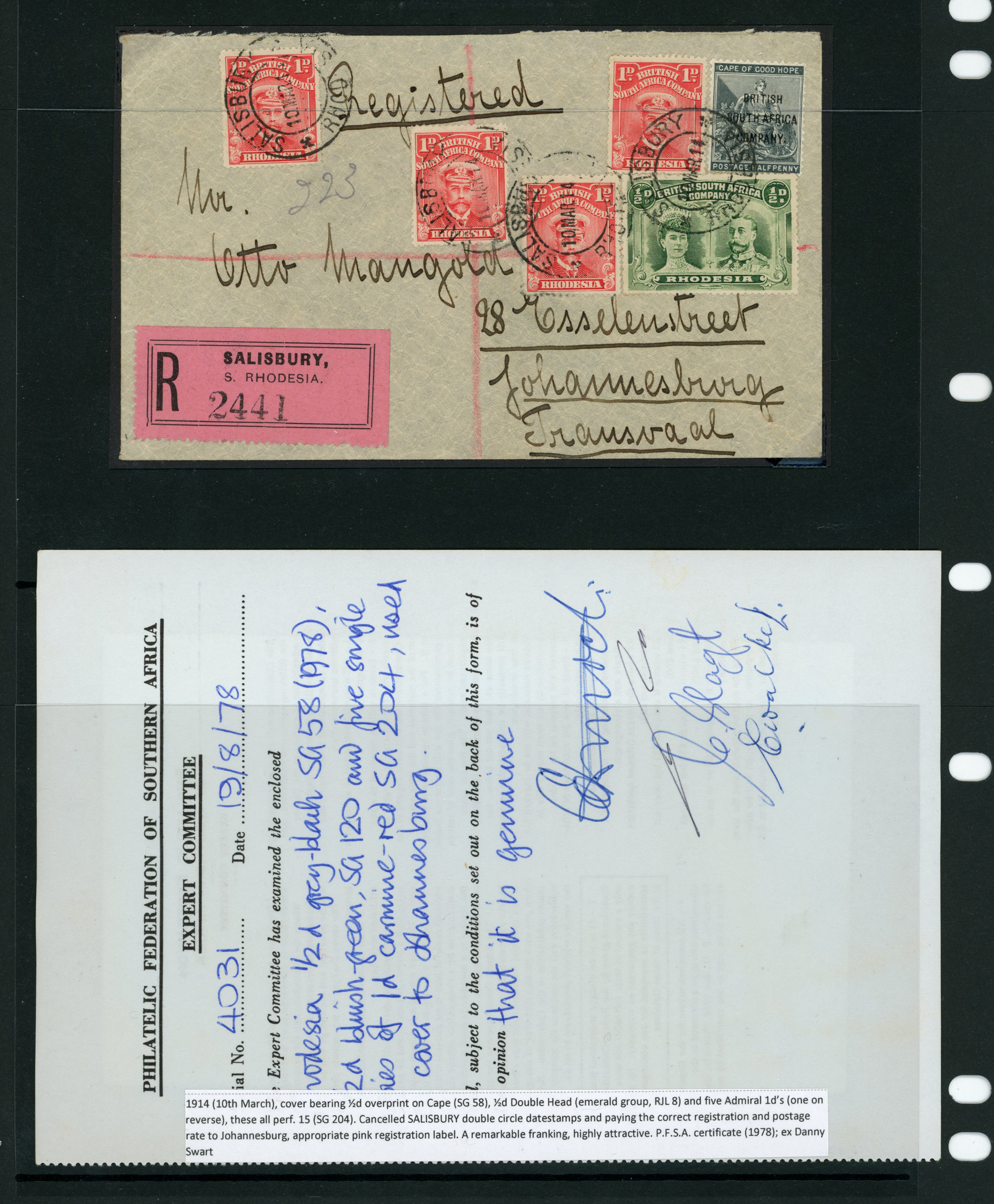 1914 registered envelope to Johannesburg...
