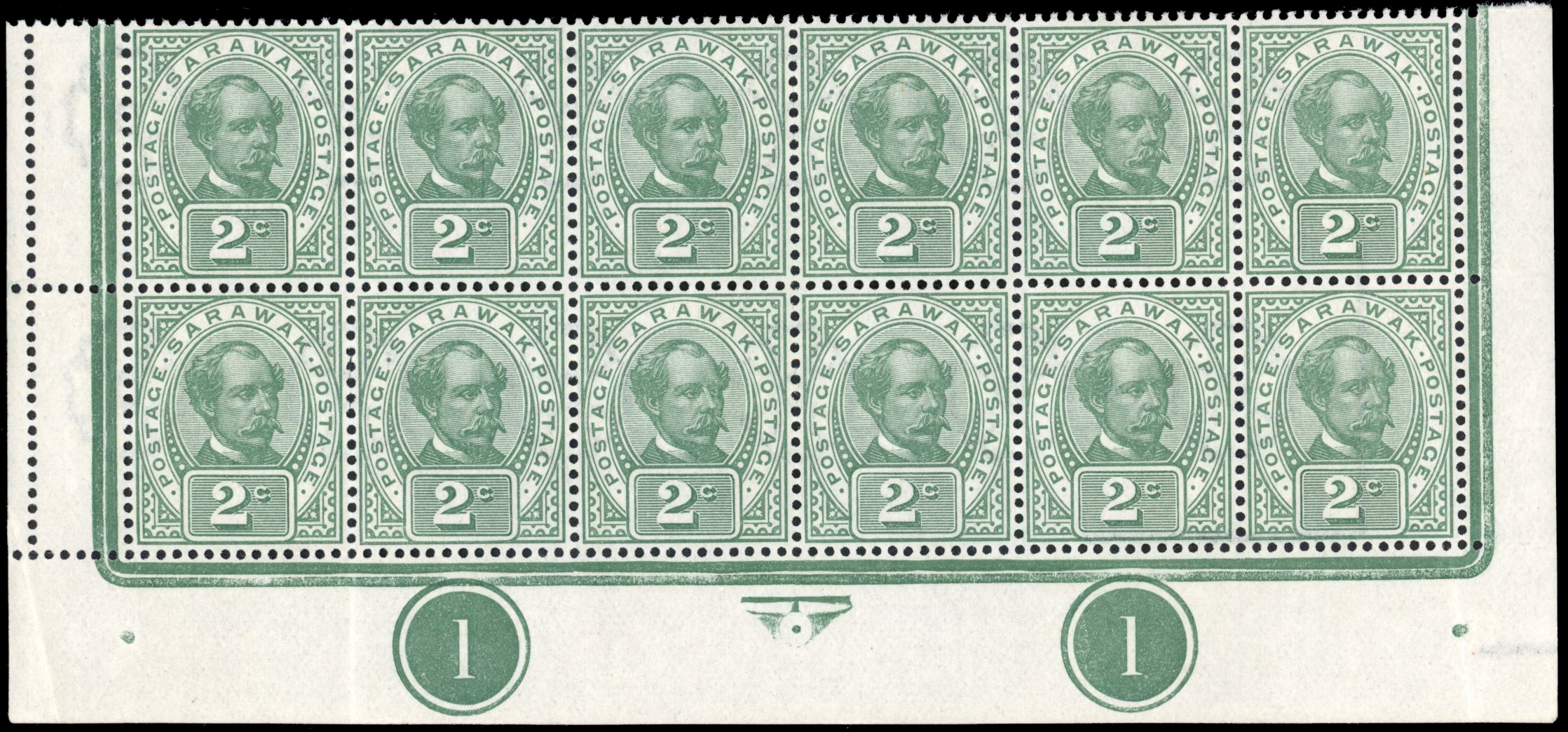 Sarawak SG 49, 72/a 1902 2c green, 1923 1c on 10c blocks of 12 mint