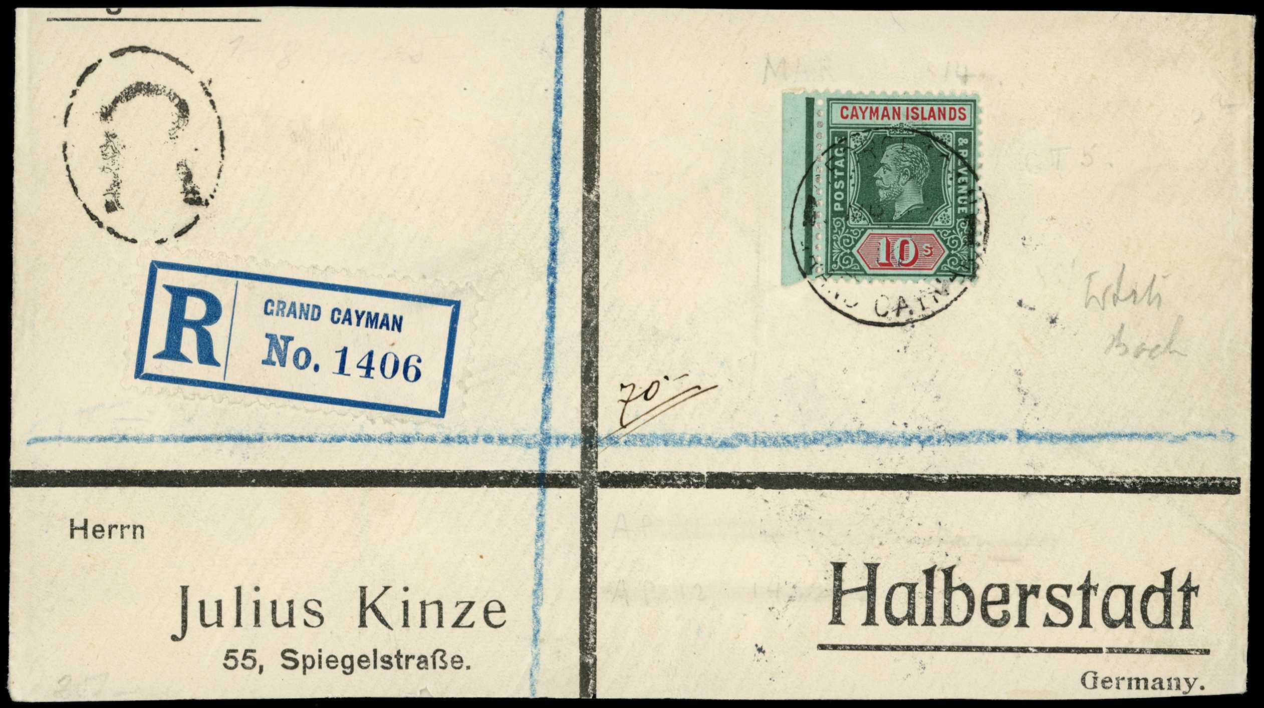 1914 marginal 10s deep green and red on...