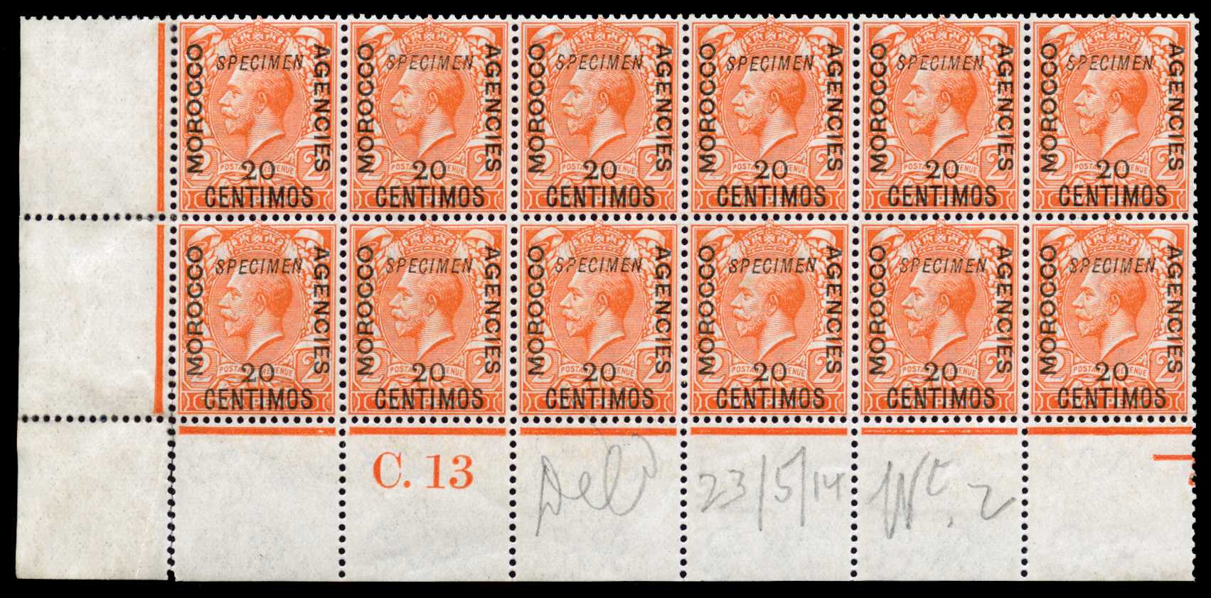 1914-26 Spanish Currency 20c on 2d orange,...