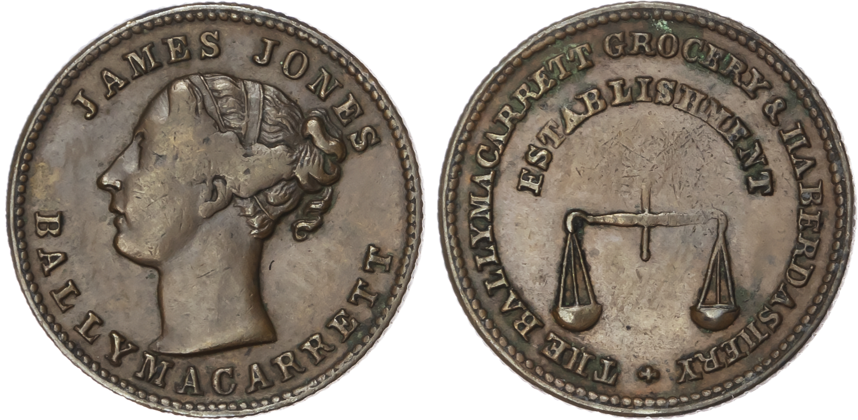 Ballymacarrett, James Jones, (grocer) farthing (1850s) Head of Victoria l./pair of scales, 21mm. (W 5340). Ext…
