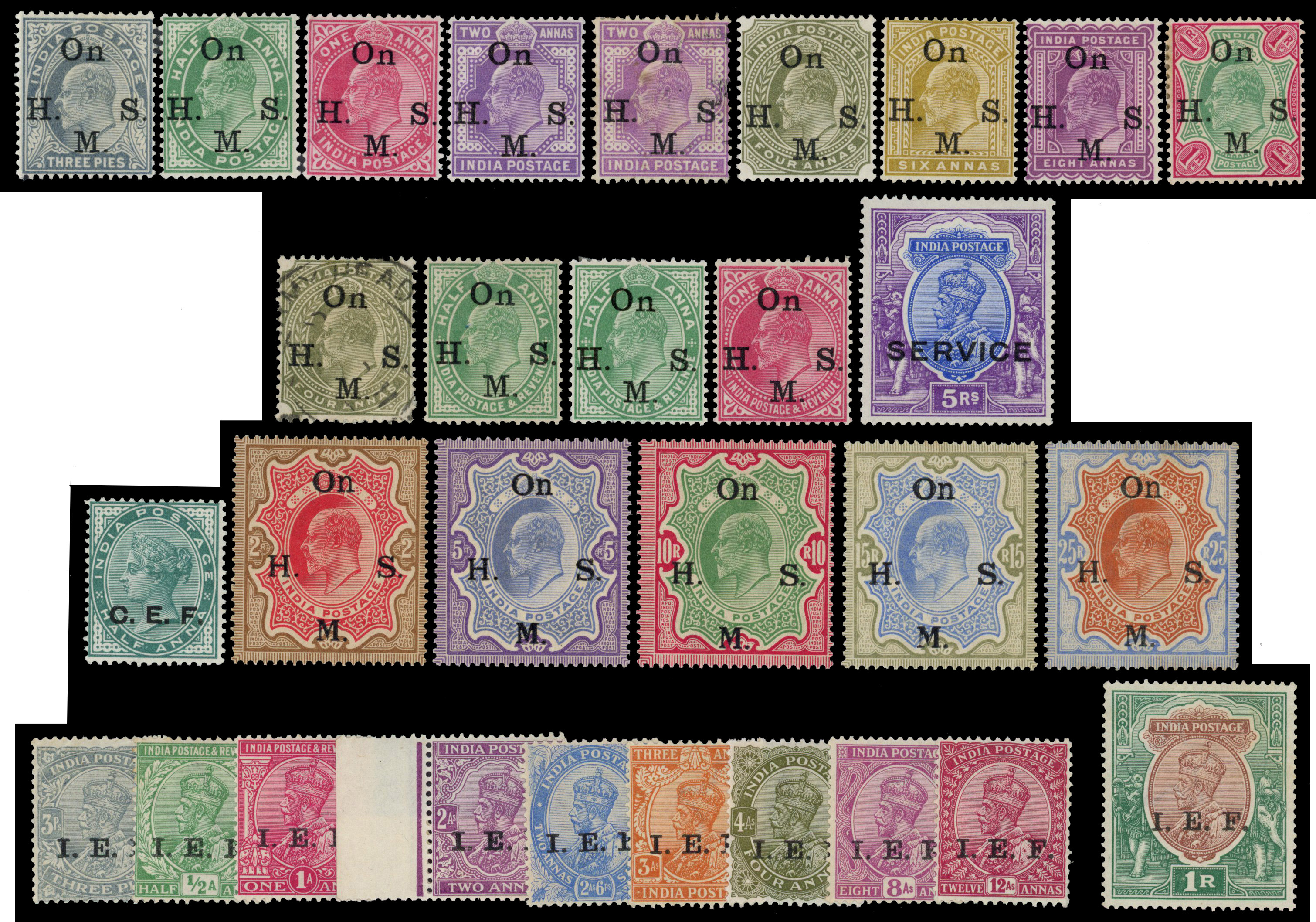 INDIA: 1876 to 1935 mint on cards including 1895 to 5r, 1882 to 1r, 1902 to 5r, 1902 Officials to 1r, 1909 Officials to 25r,