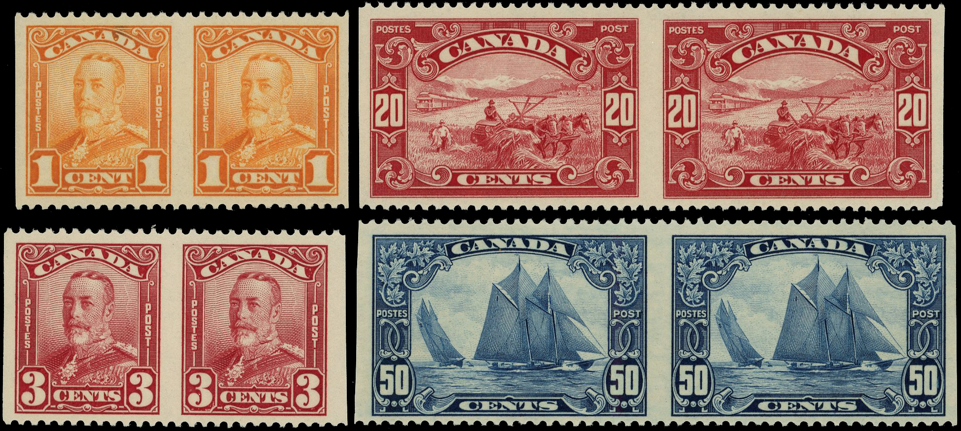Canada SG 275/284 pairs imperf vertically mint