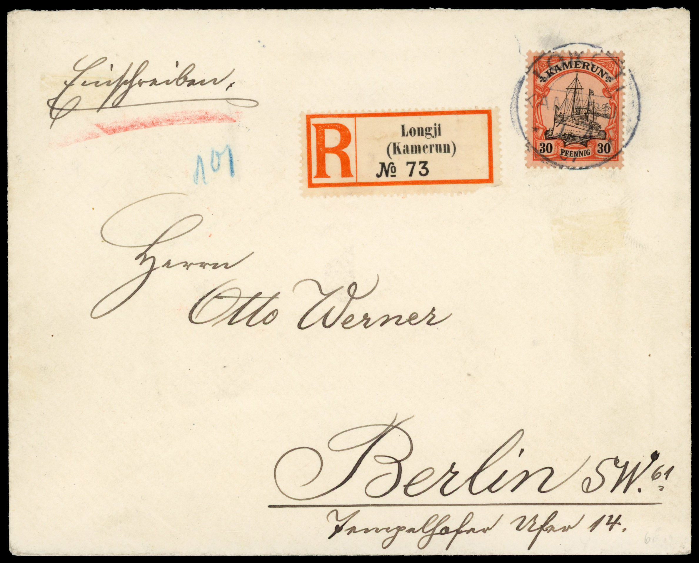 1907 registered cover to Berlin franked 30pf tied ‘LONGJI/KAMERUN/7.4.07’ cds, registration label alongside