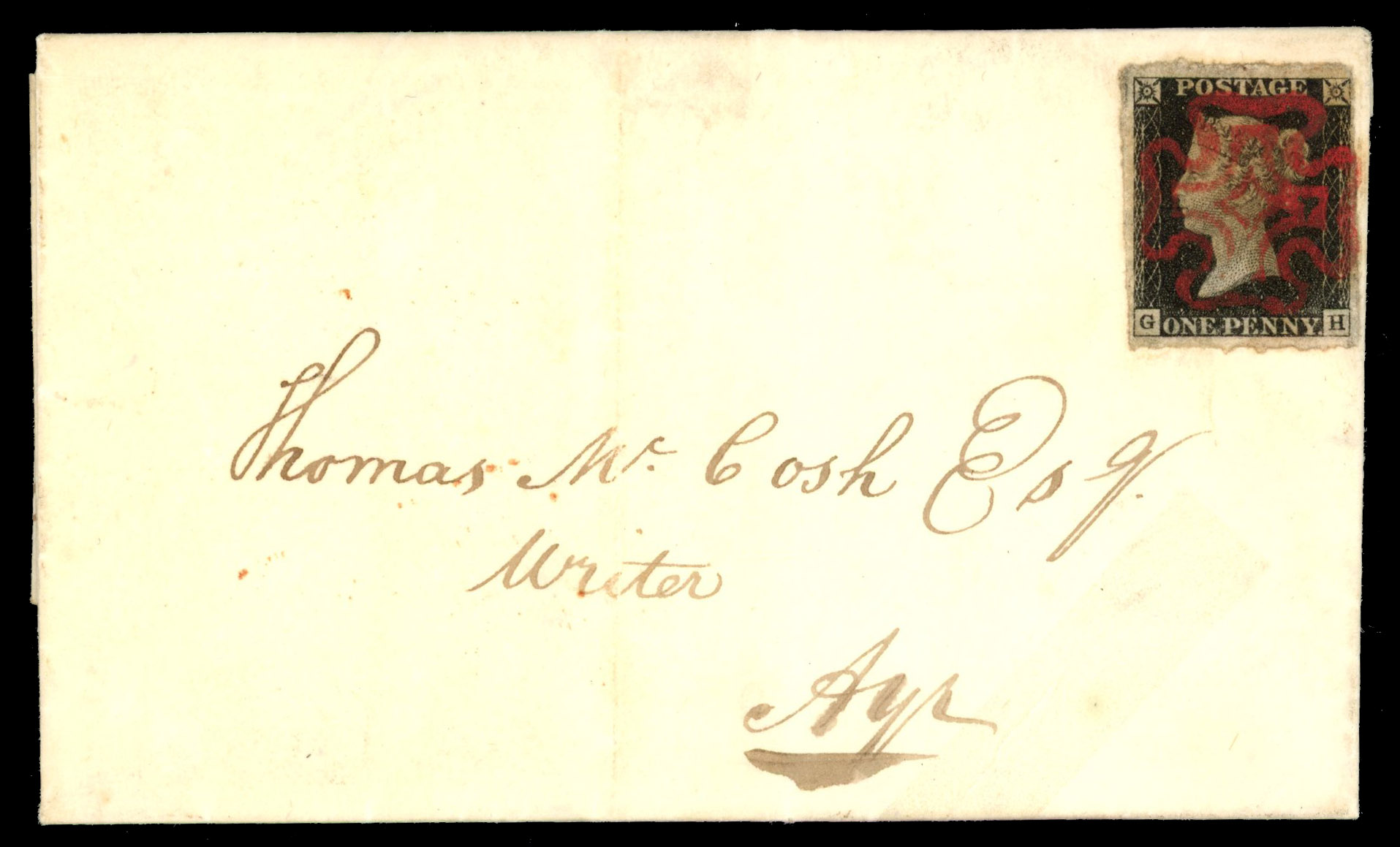 GB 1840 1d black, Plate 2 (GH) on cover to Ayr cancelled by crimson Kilwinning Maltese Cross