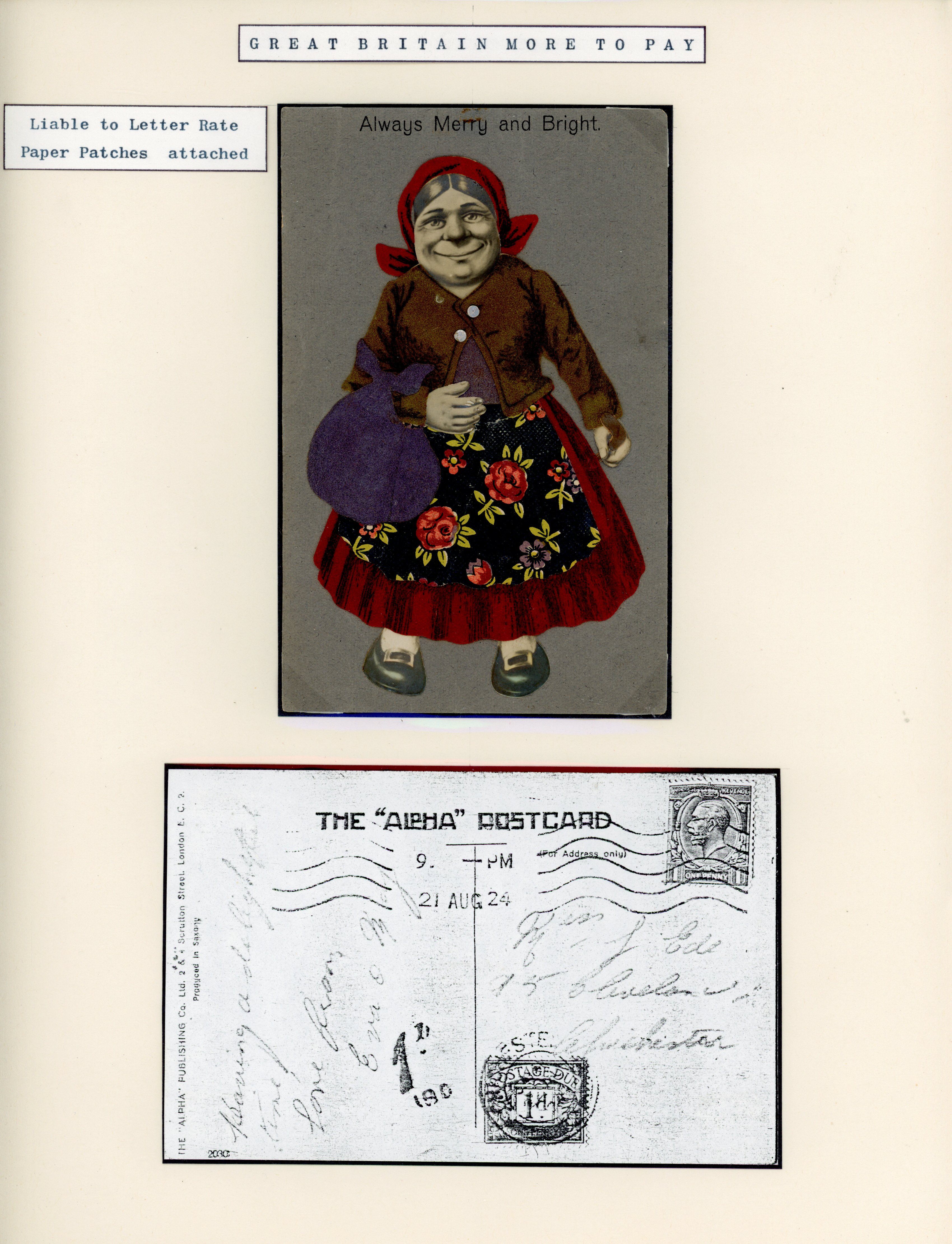 Great Britain 1924 novelty postcard with paper and felt patches attached
