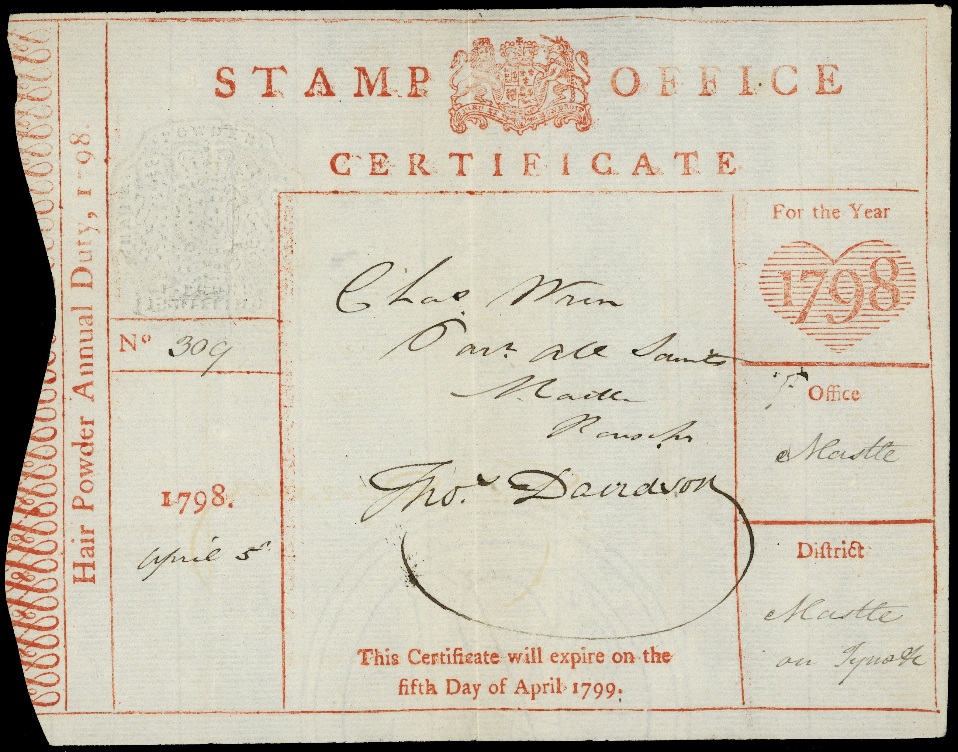 GB Hair Powder Duty 1798 certificate