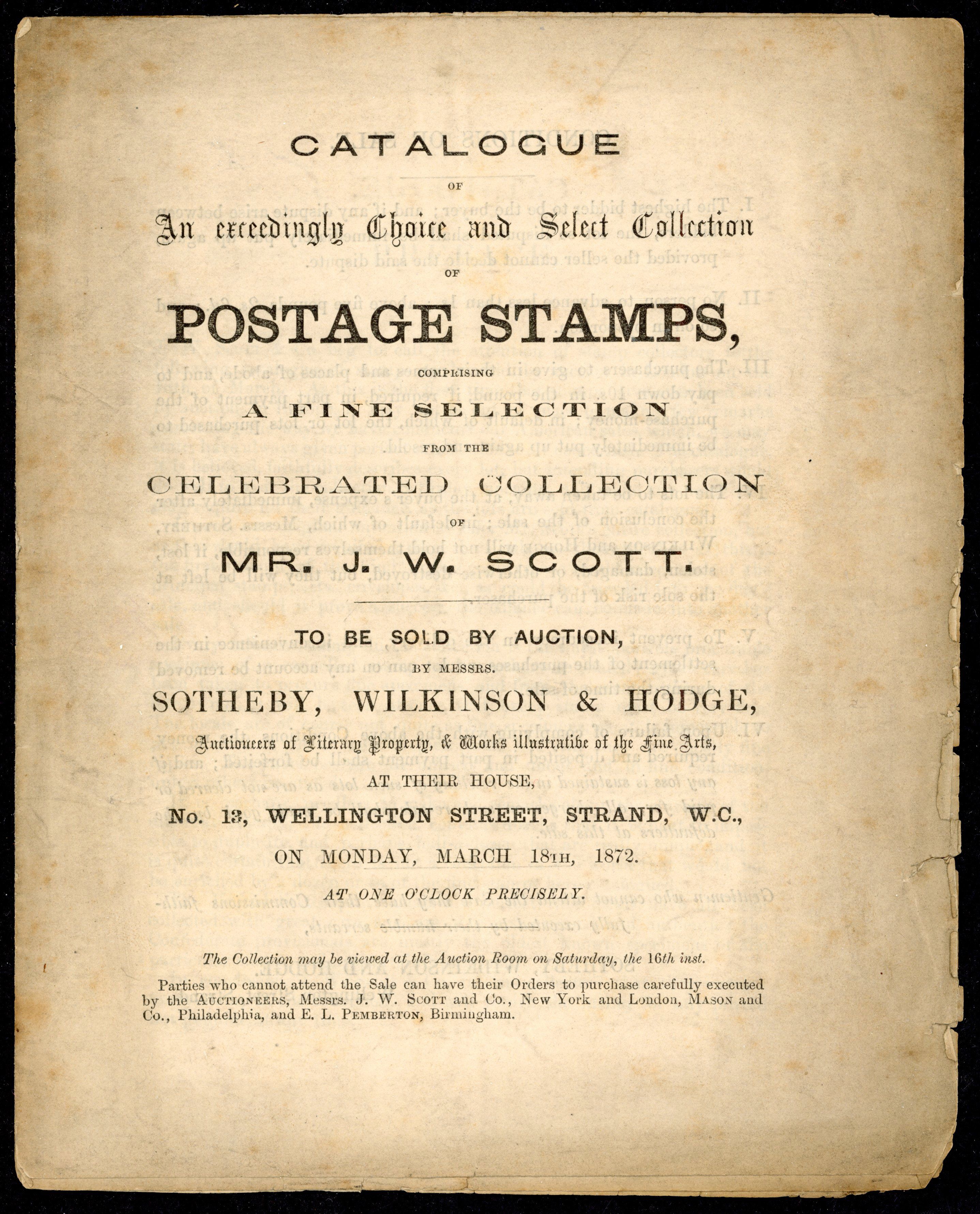 LITERATURE: 1872 Sotheby, Wilkinson & Hodge Postage Sale catalogue