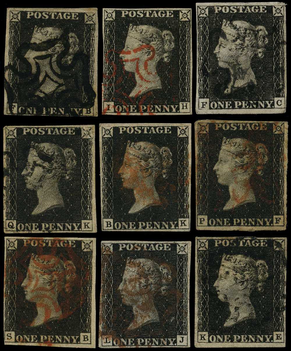 1840 1d black plated selection of 9 examples,...