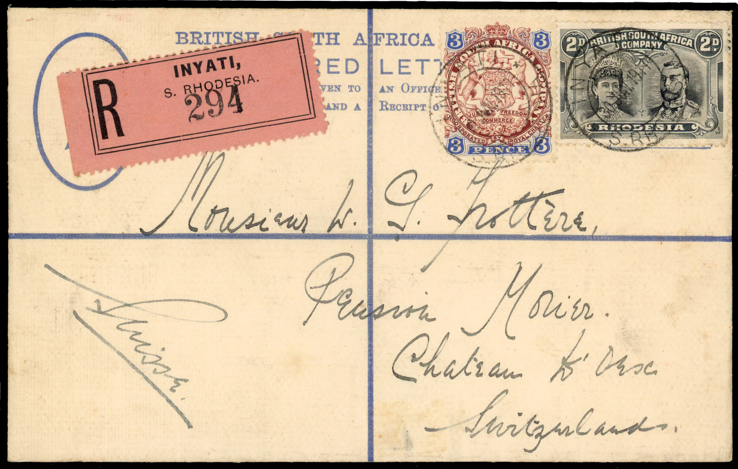 Rhodesia 1911 registered cover from Inyati to Switzerland