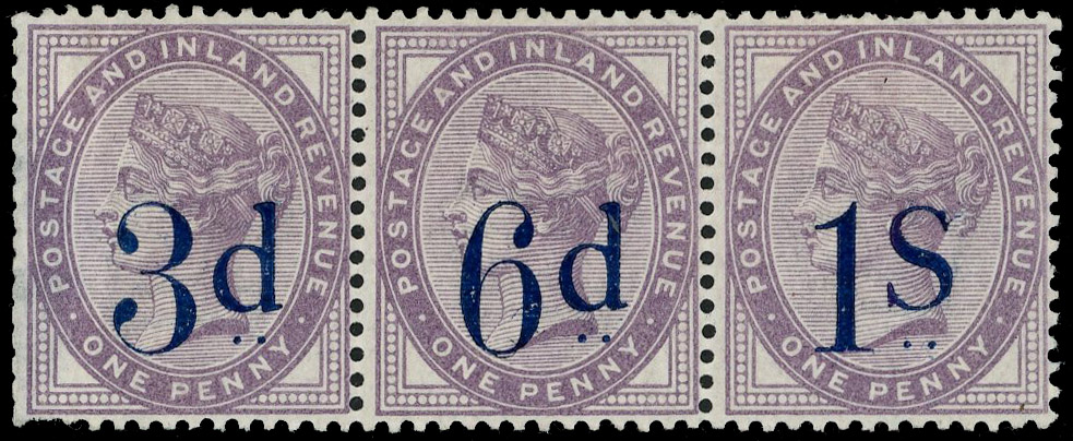 1882 1d Lilac Surcharge Essays. Very fine unused o.g. horizontal strip of three surcharged ‘3d.’, ‘6d.’ and ‘1s.’ in blu…