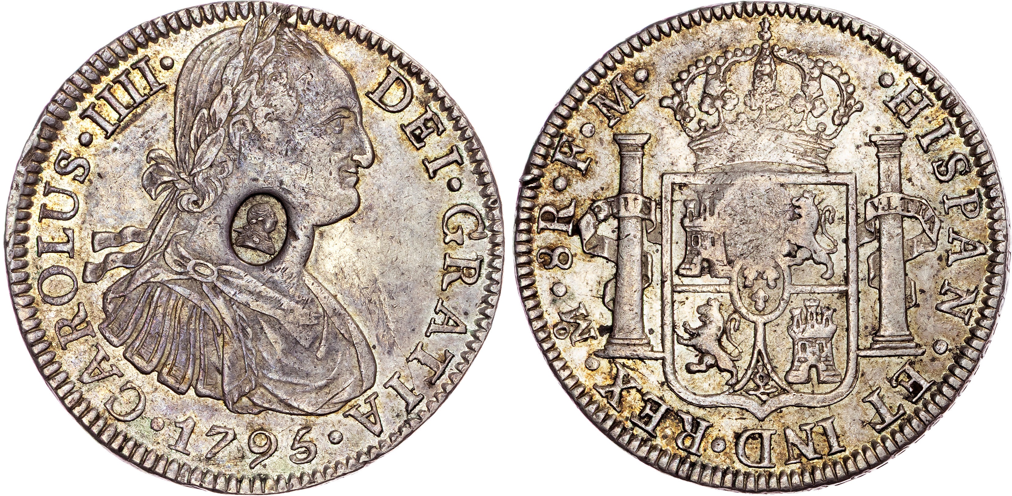 George III (1760-1820), Emergency Issues (1797-99), Countermarked AR Dollar (8 Reales) of Charles IV, 1795-FM.