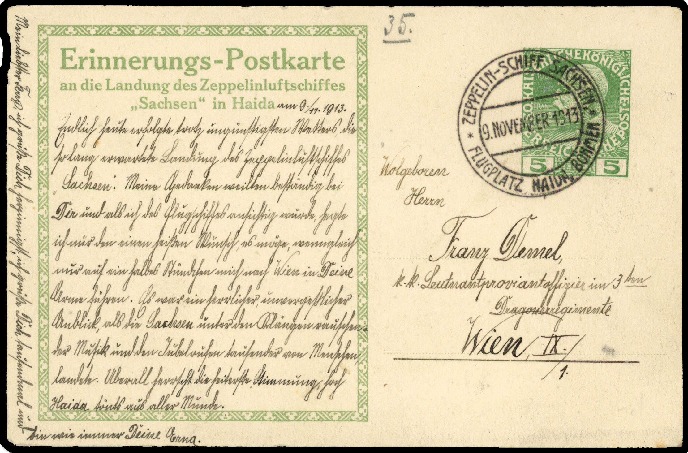 Austria 1913 Zeppelin picture stationery 5h postcard to Vienna