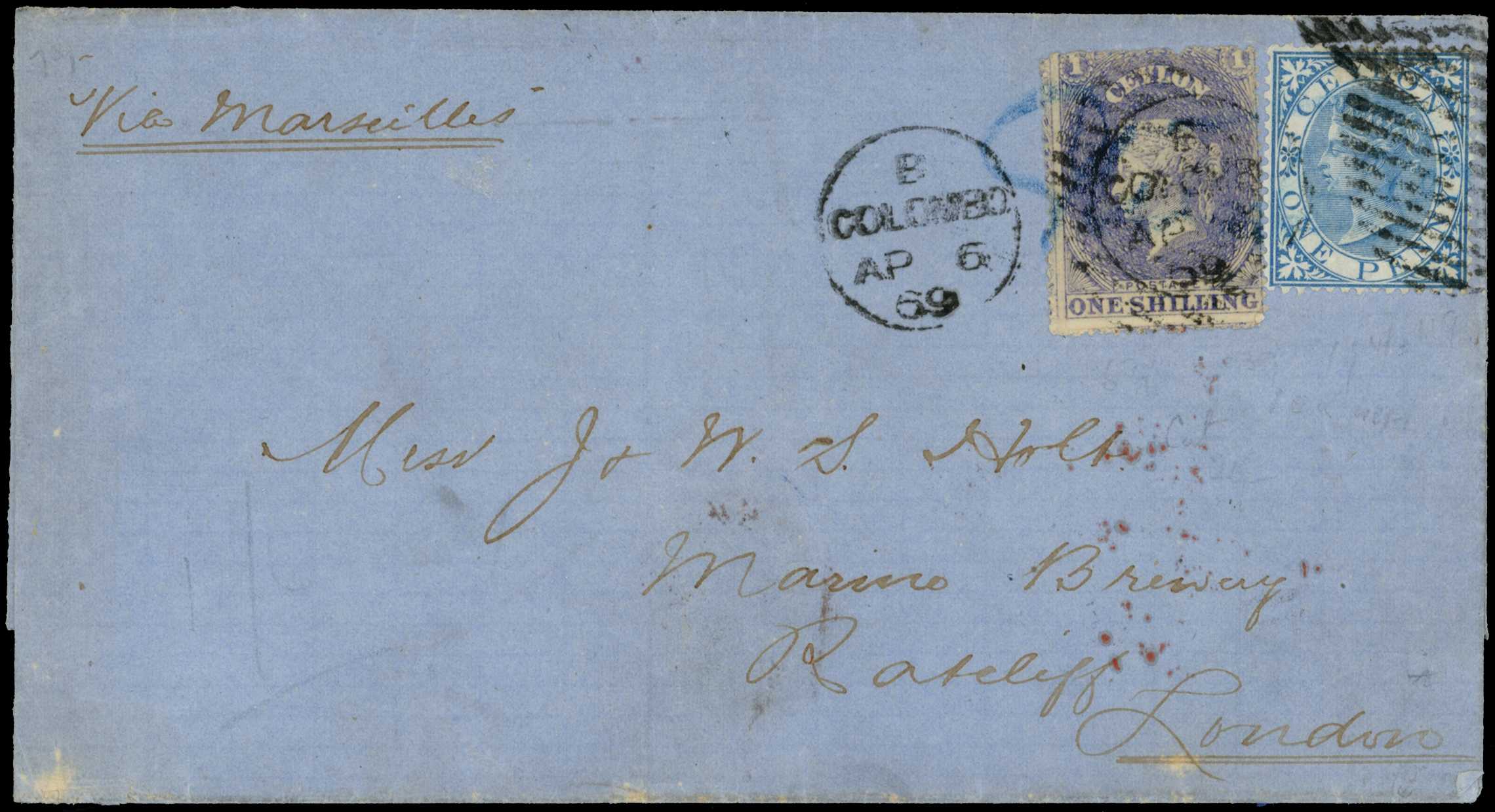 POSTAL HISTORY: 1869 to London with 1868 1d...