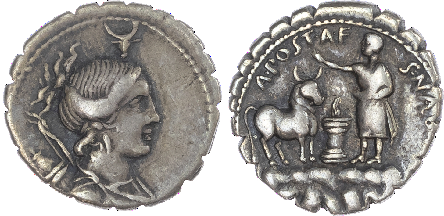 A. Postumius A. f. Sp. N. Albinus (81 BC) AR Denarius Serratus, Rome, 3.87g. Draped bust of Diana facing right, bow and