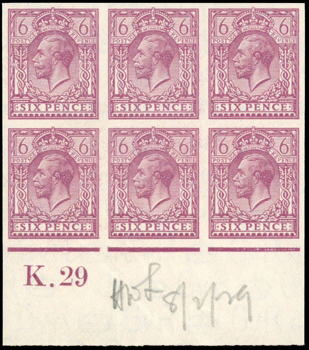 Great Britain 1929 6d Rosy mauve, Control Block of Six, BPMA Imprimatur, SG 426a