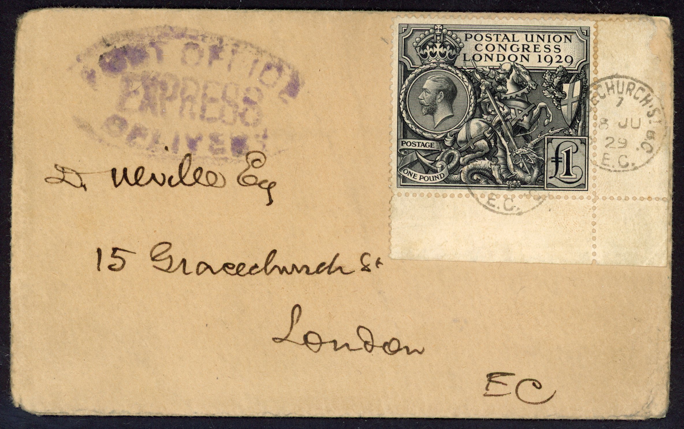 1929 PUC £1 cancelled by ‘GRACECHURCH ST. BO./7/8 JUN/29/E.C.’ cds on envelope