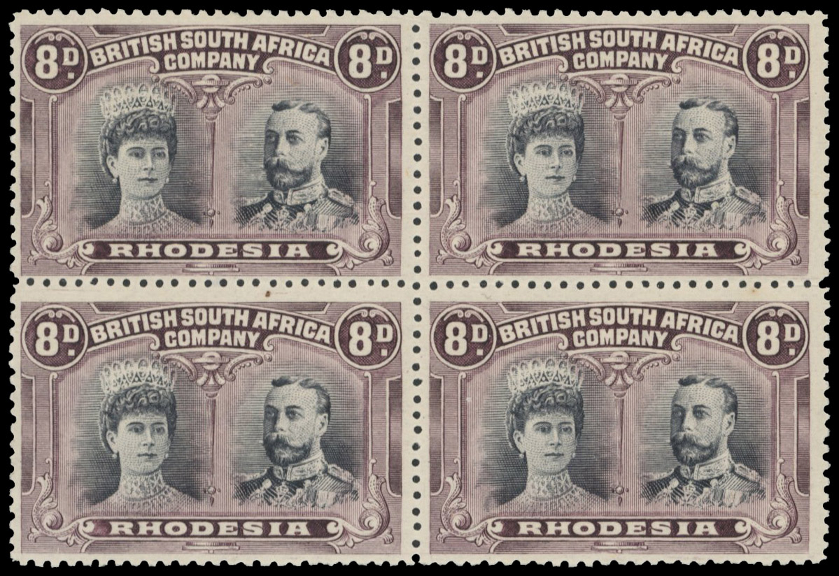 8d (paler) grey-black and (lighter) purple perf 13½ block, positions 21-7 mint