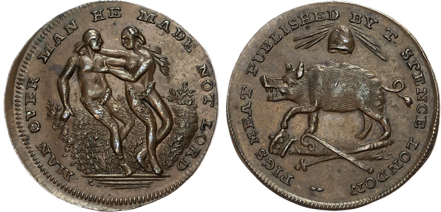 London, High Holborn, Thomas Spence Farthings, Adam and Eve, rev. Pig trampling emblems of royalty, edge plain, 20.6mm/ …