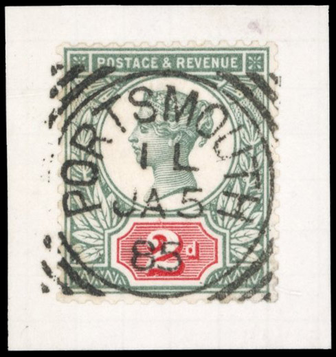 GB 1887-92 2d green and scarlet with PORTSMOUTH trial cancel