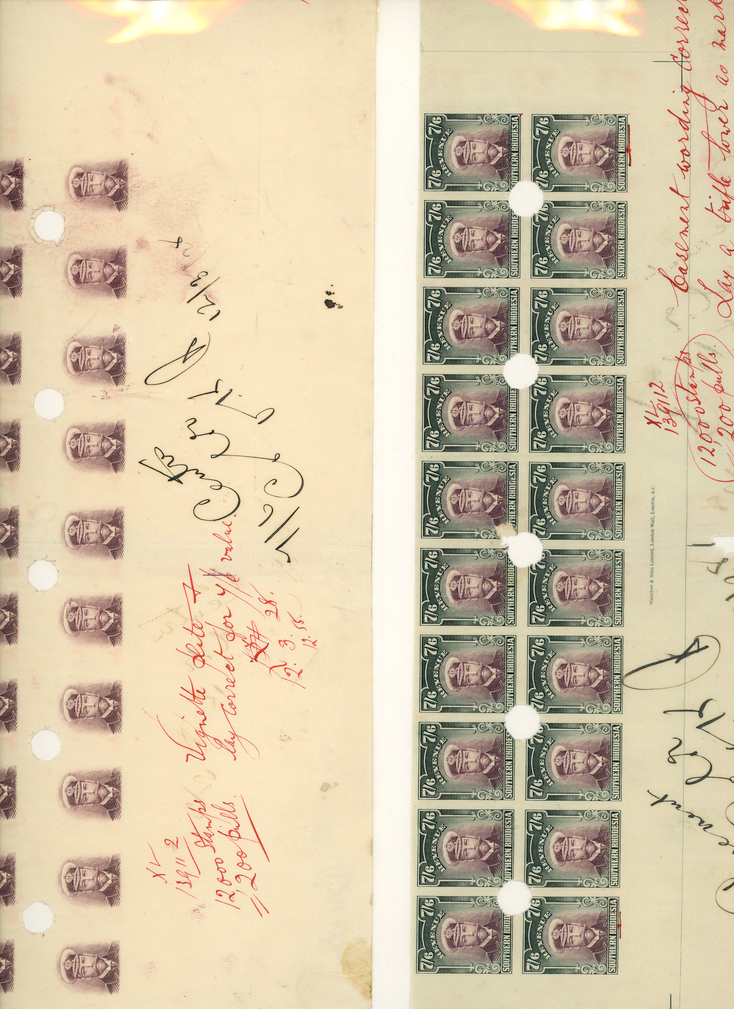 Southern Rhodesia Waterlow File Sheets of 7s6d with annotations