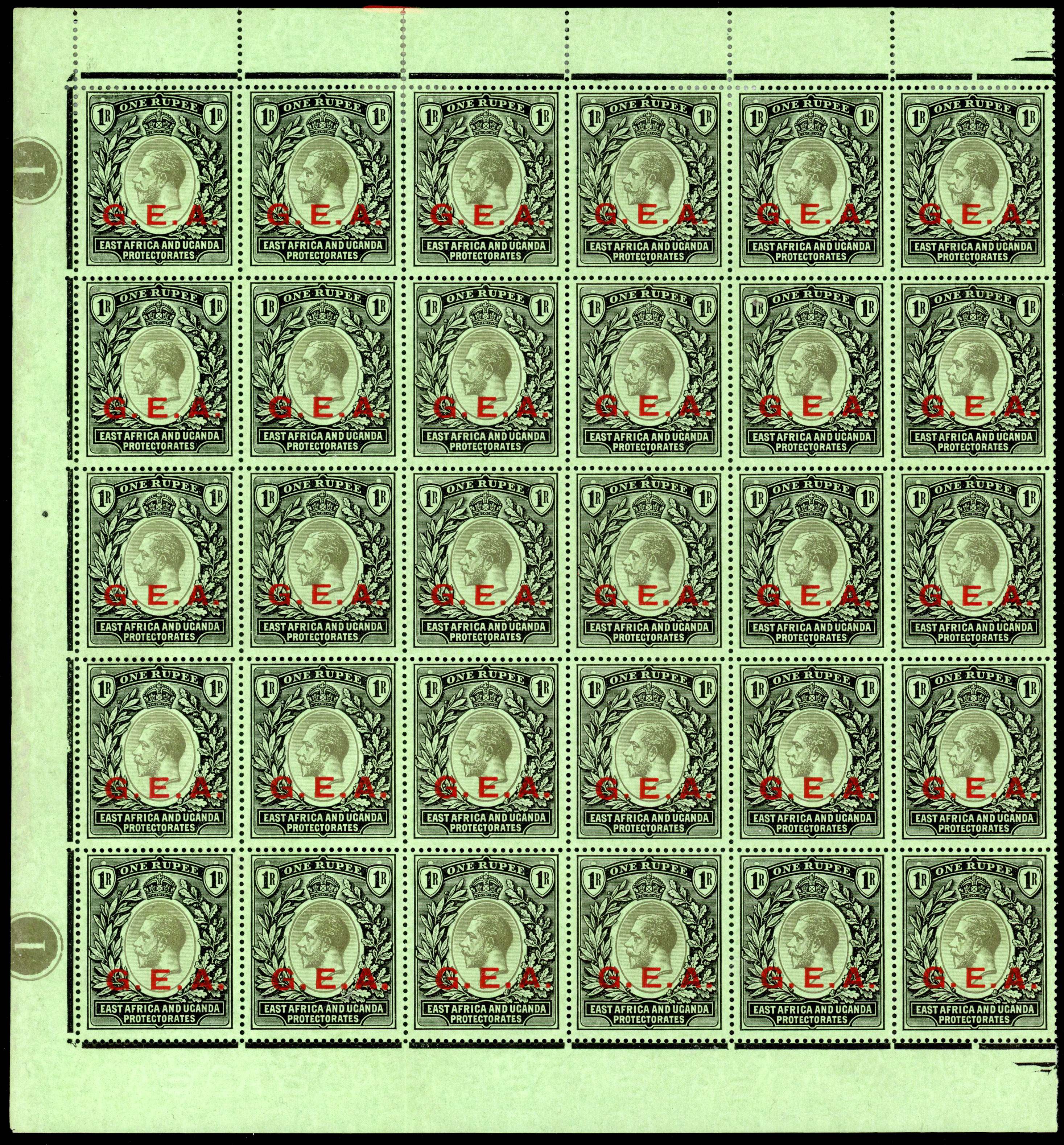 Tanganyika SG 55a 1917-21 GEA 1r emerald back complete sheet