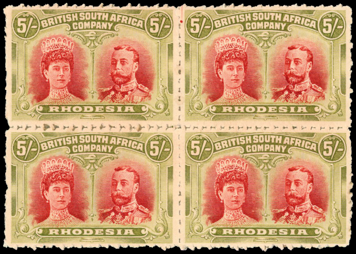 Rhodesia 1910-13 Clandestine roulette 5s deep rose-red and yellow-green